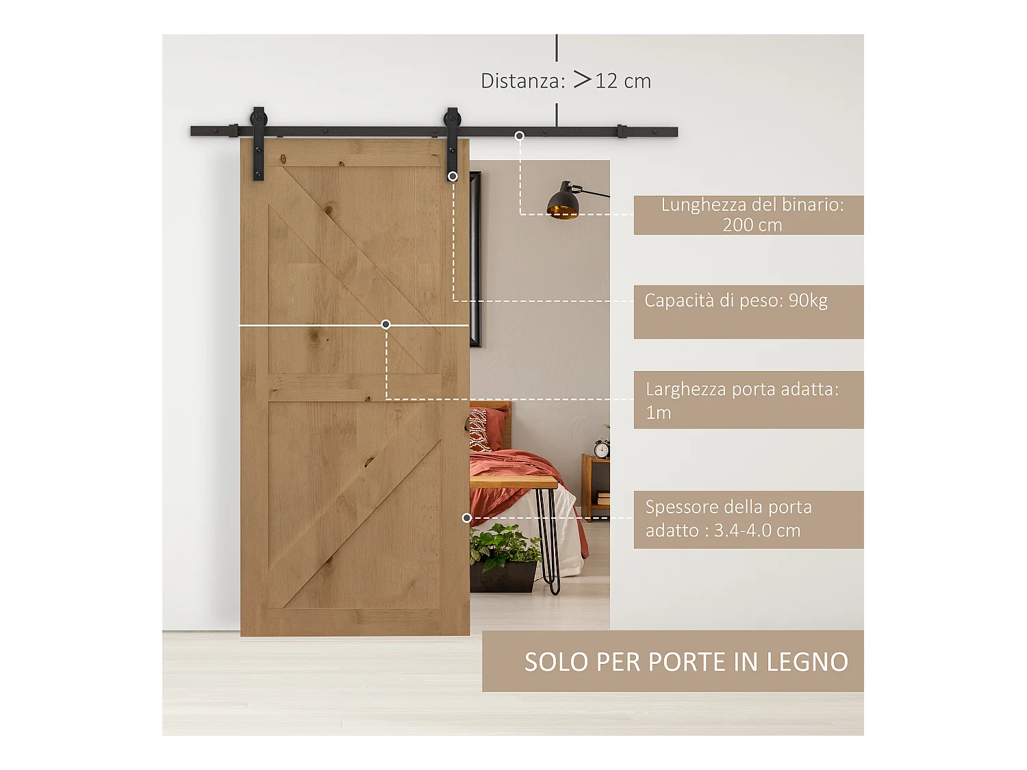 Binario per porta scorrevole con spessore 3.4-4 cm con kit accessori