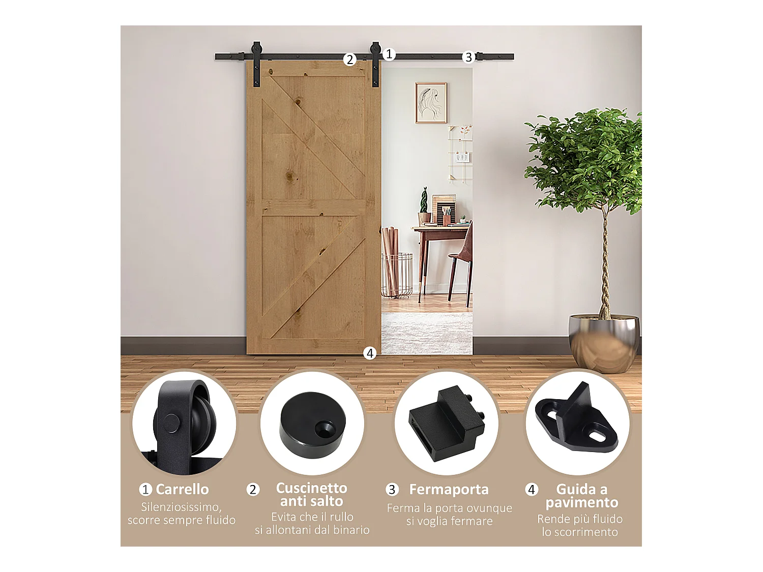 Binario per porta scorrevole con spessore 3.4-4 cm con kit accessori