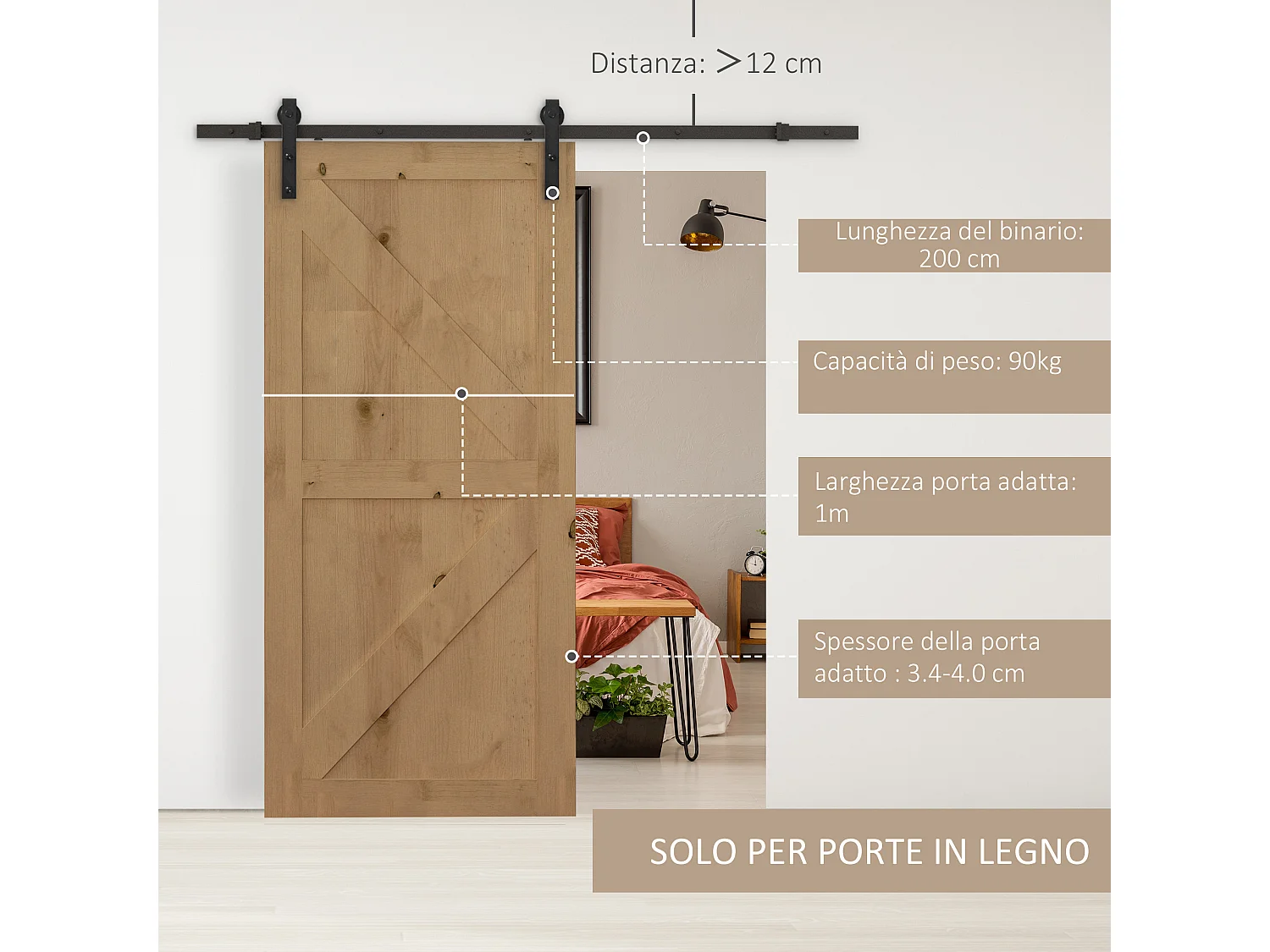 Binario per porta scorrevole con spessore 3.4-4 cm con kit accessori