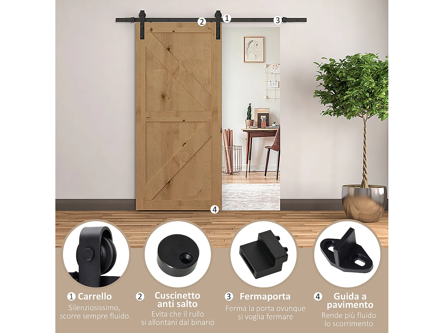 Binario per porta scorrevole con spessore 3.4-4 cm con kit accessori