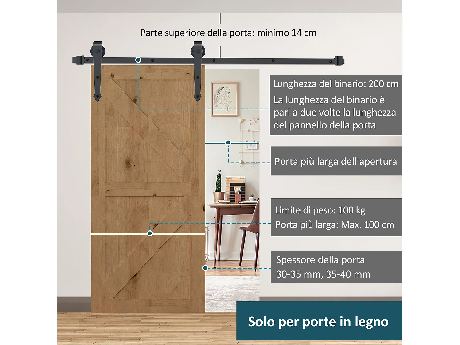 Kit per porta scorrevole singola in acciaio al carbonio marrone