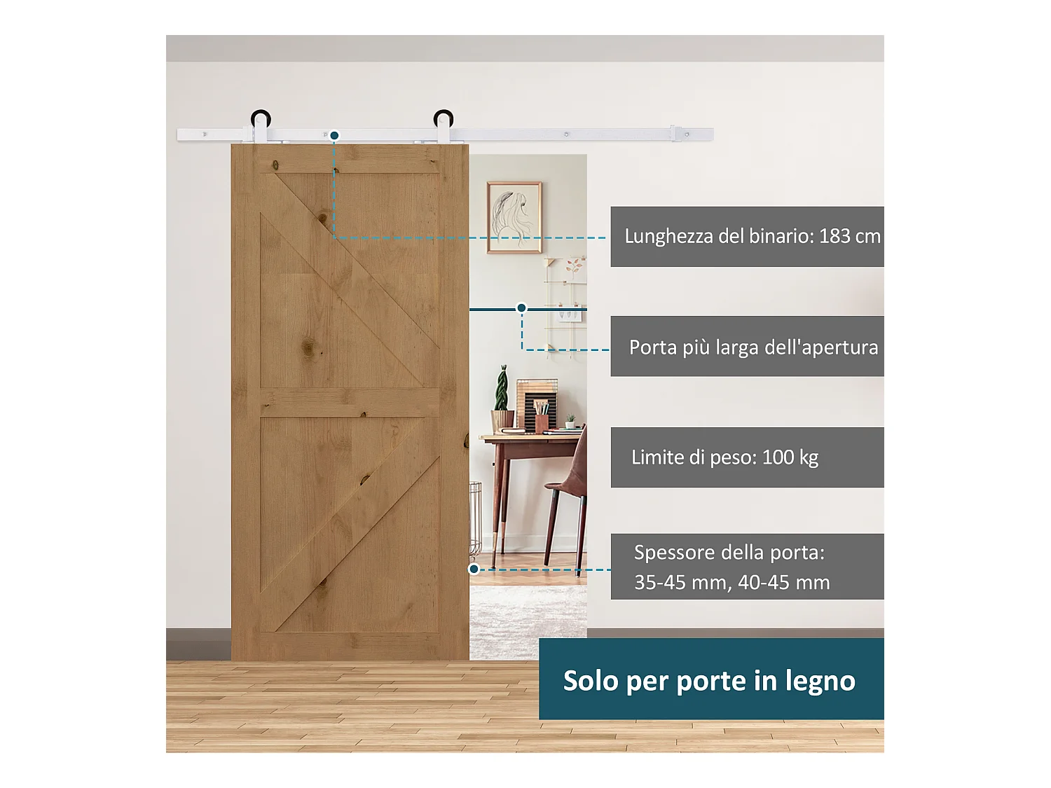 Kit per porta scorrevole con binario e rotelle in acciaio bianco