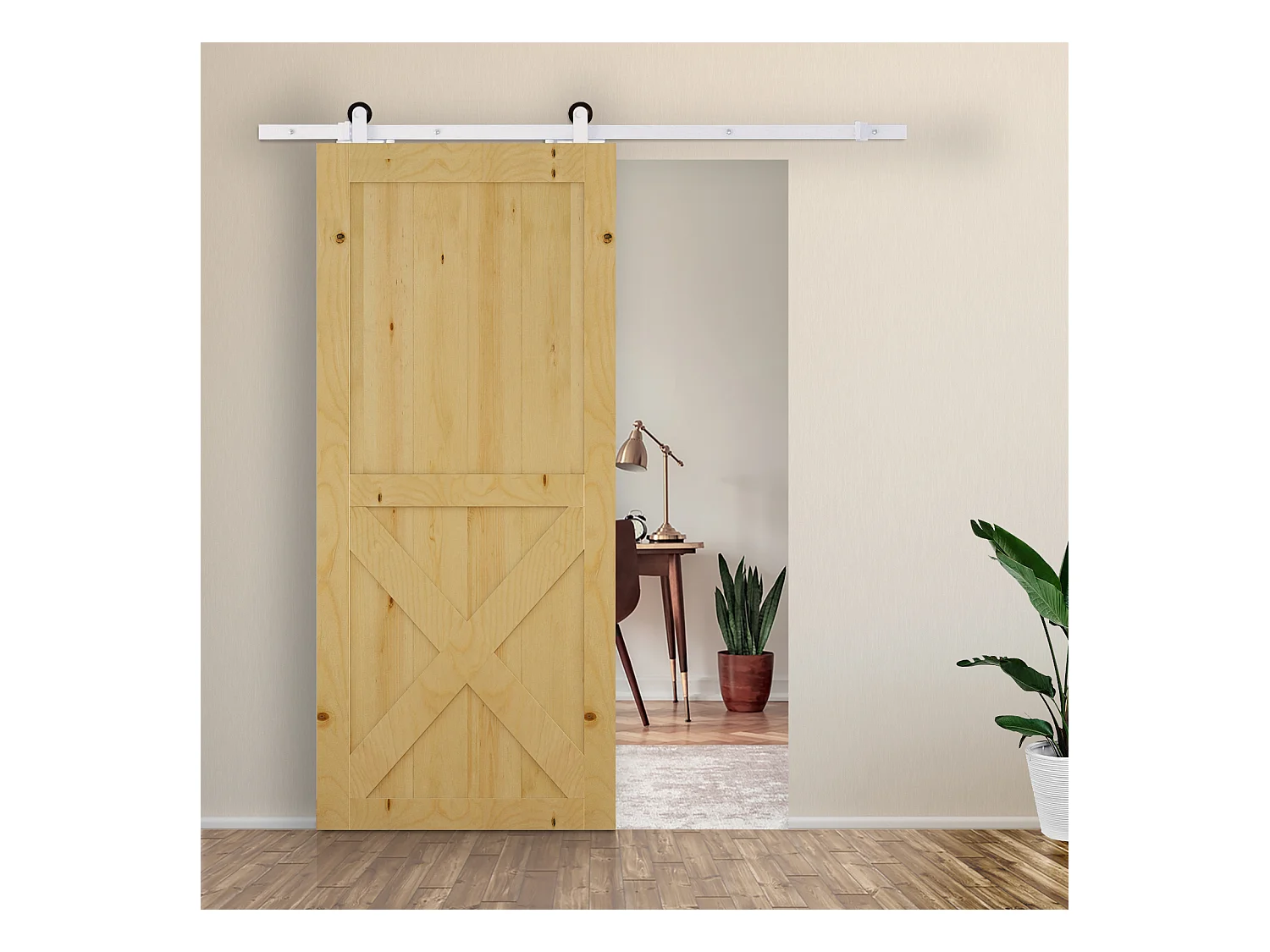 Kit per porta scorrevole con binario e rotelle in acciaio bianco