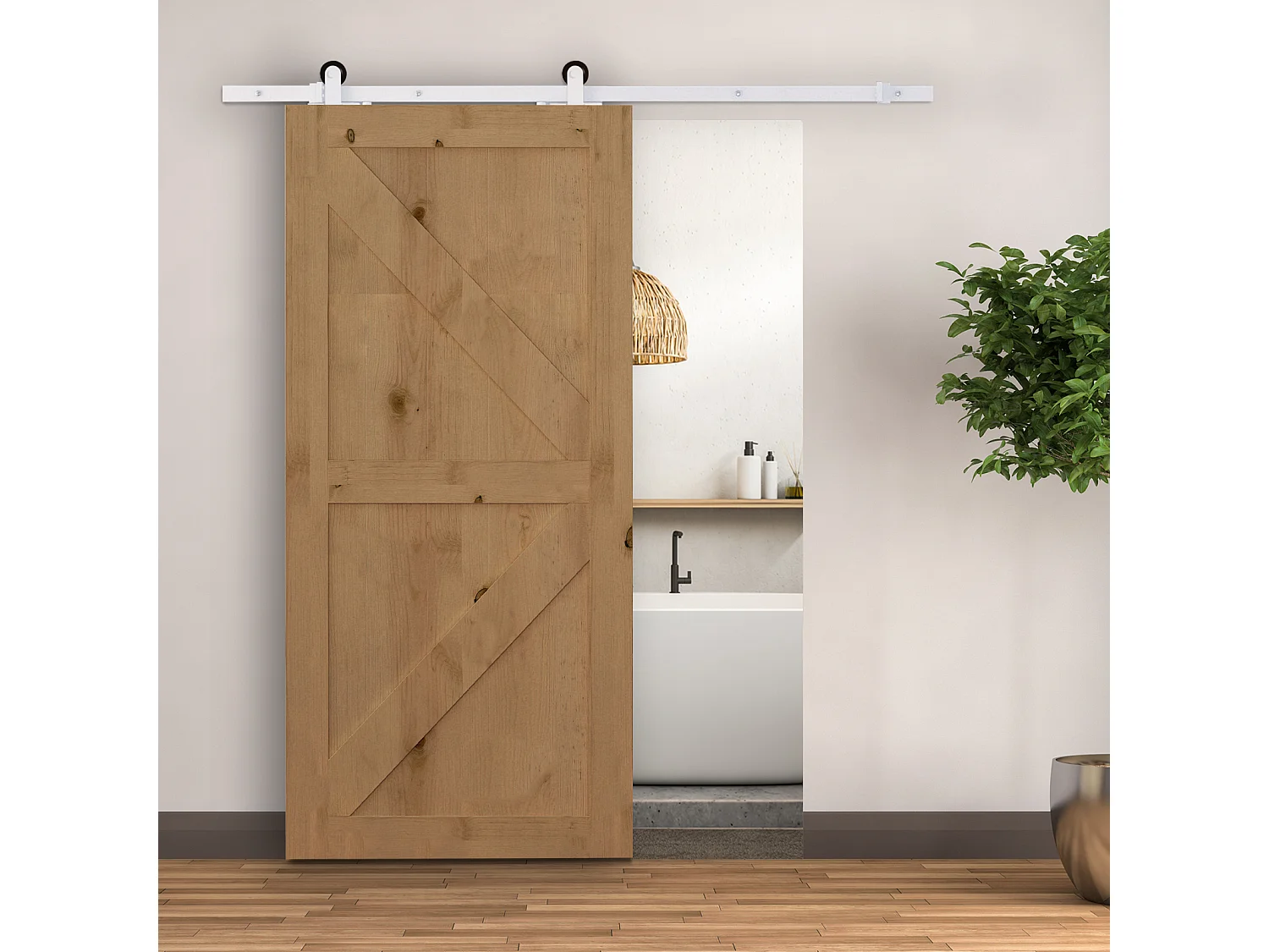 Kit per porta scorrevole con binario e rotelle in acciaio bianco