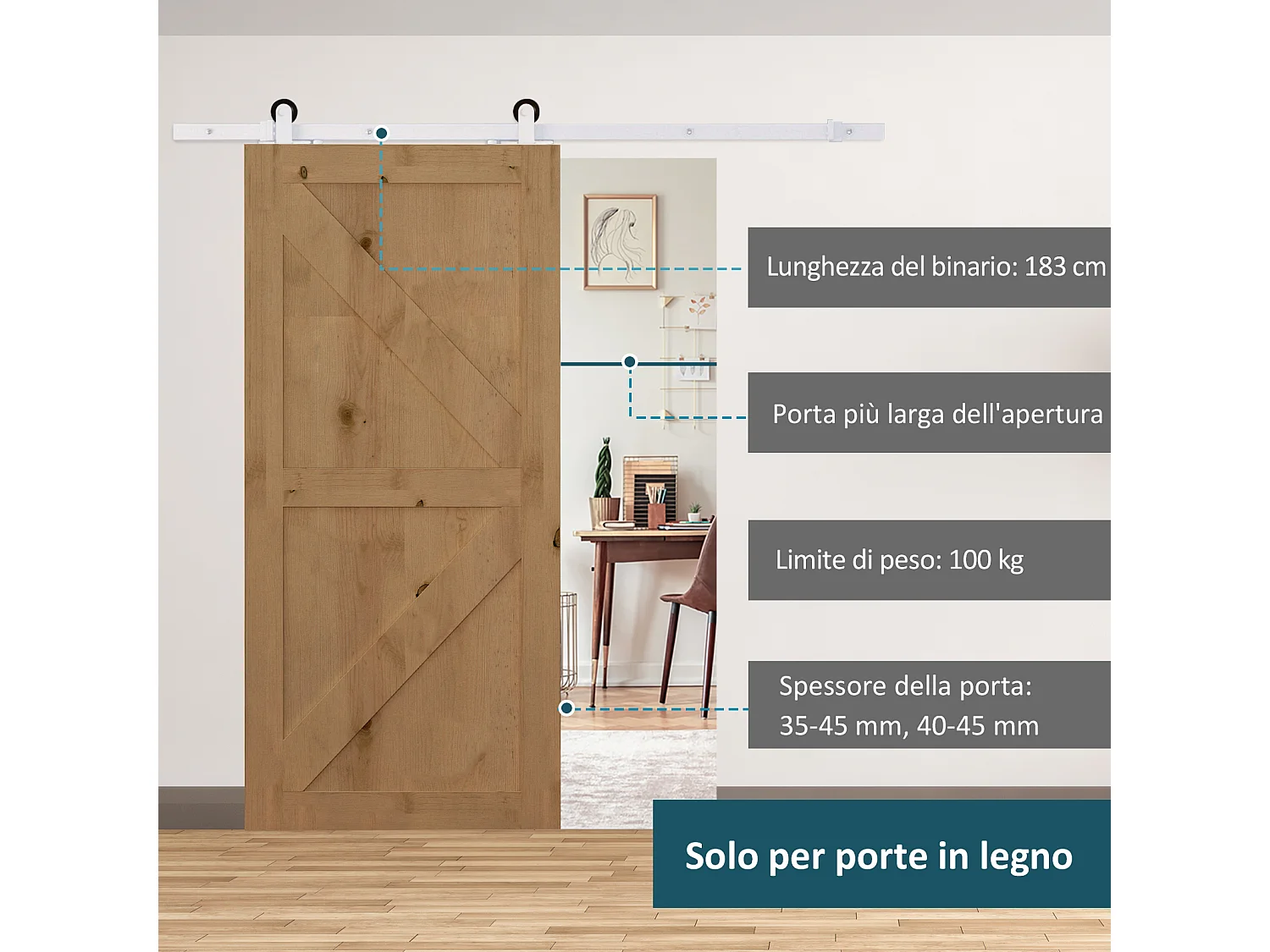 Kit per porta scorrevole con binario e rotelle in acciaio bianco