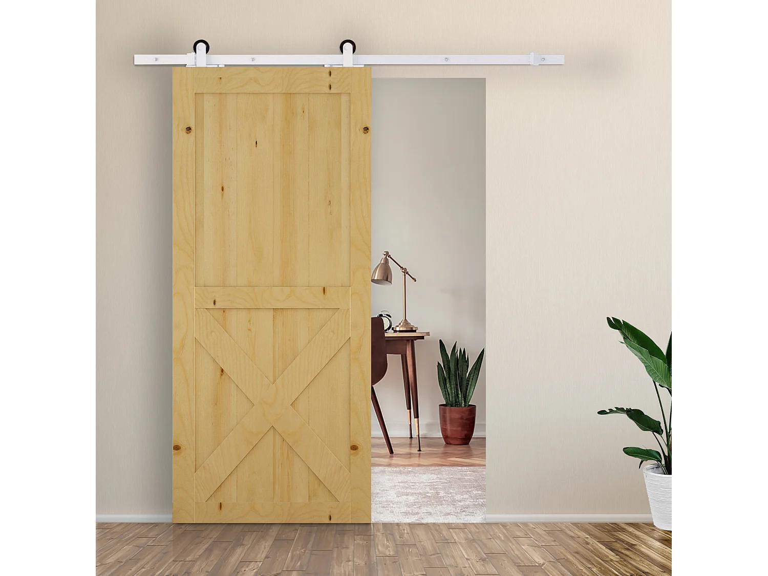 Kit per porta scorrevole con binario e rotelle in acciaio bianco