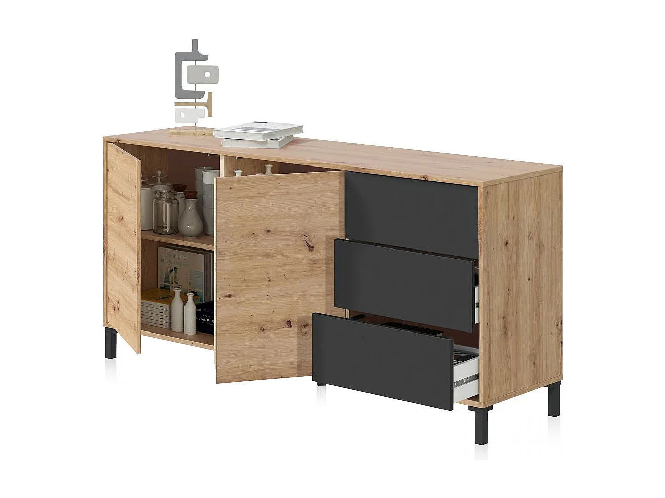 Aparador con gran espacio de almacenamiento en gris antracita y roble nodi 154 cm Lea Gris Antracita - Roble Nodi