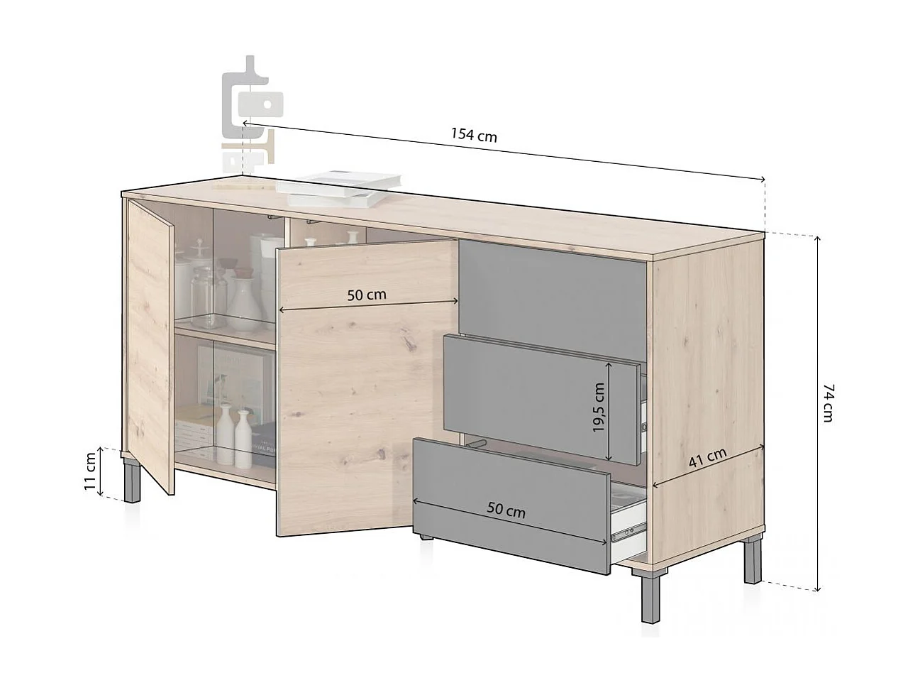 Aparador con gran espacio de almacenamiento en gris antracita y roble nodi 154 cm Lea Gris Antracita - Roble Nodi