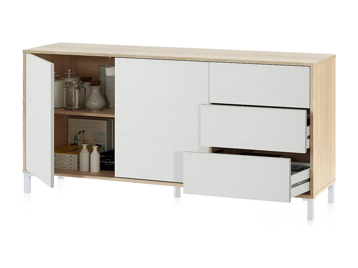 Aparador con gran espacio de almacenamiento en blanco mate y roble canadian 154 cm Lea Blanco Artik (Blanco Mate) - Roble Canadian