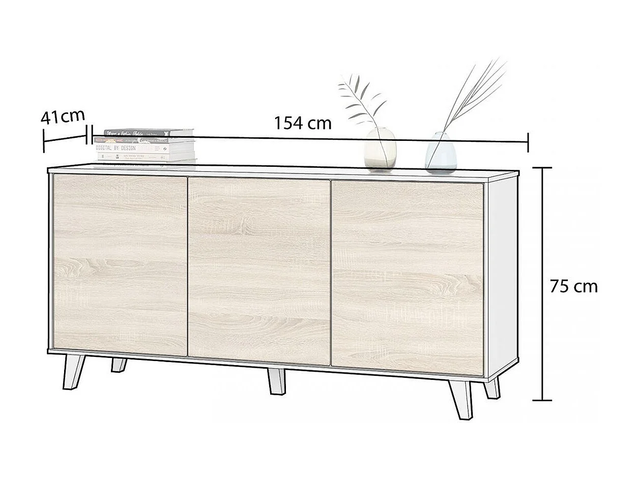 Aparador con gran espacio de almacenamiento en blanco brillo y roble canadian 154 cm Niva Blanco Brillo - Roble Canadian