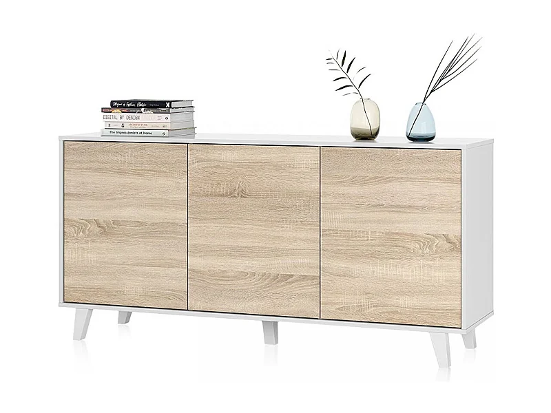 Aparador con gran espacio de almacenamiento en blanco brillo y roble canadian 154 cm Niva Blanco Brillo - Roble Canadian