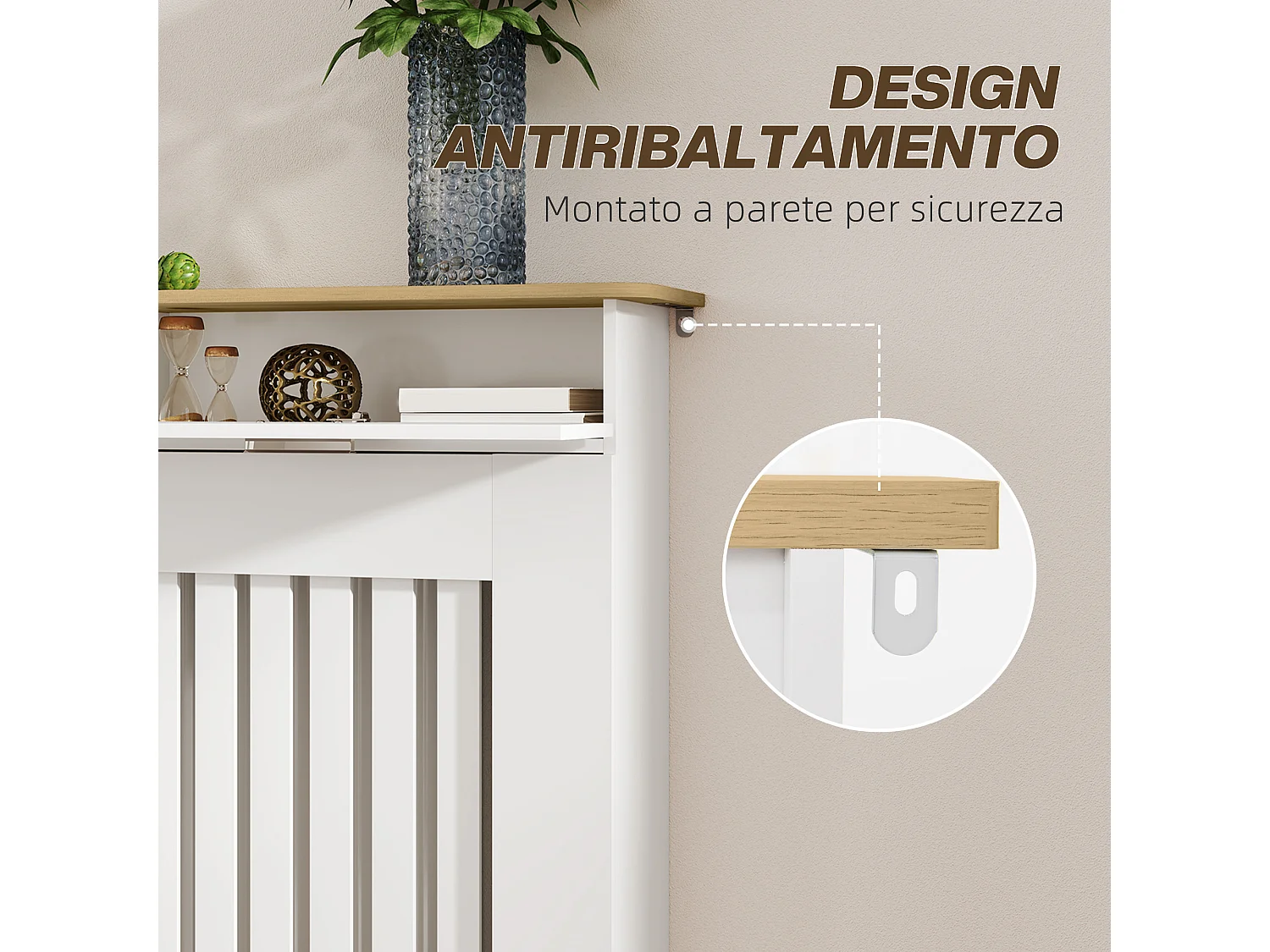 Copritermosifone a doghe antiribaltamento con cassetto in legno bianco