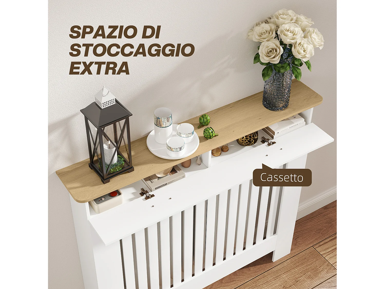 Copritermosifone a doghe antiribaltamento con cassetto in legno bianco