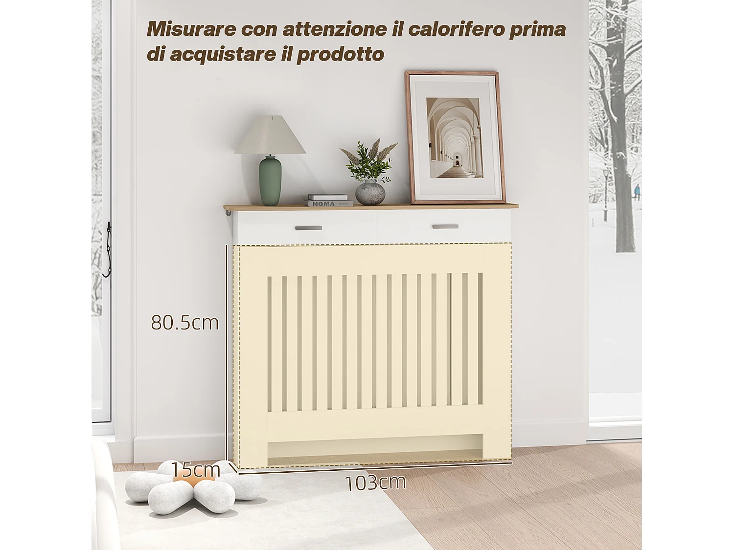 Copritermosifone a doghe antiribaltamento con cassetto in legno bianco