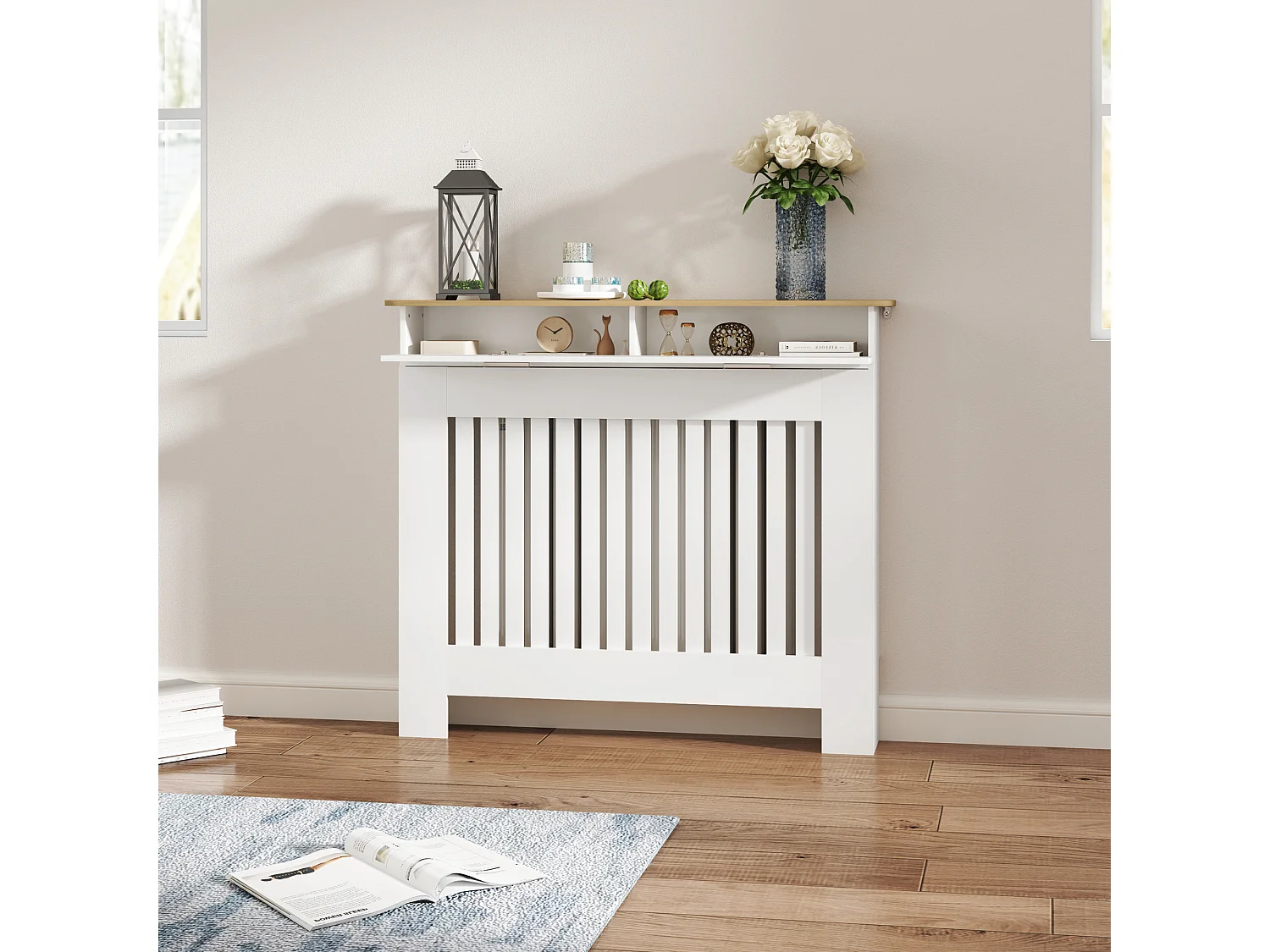 Copritermosifone a doghe antiribaltamento con cassetto in legno bianco