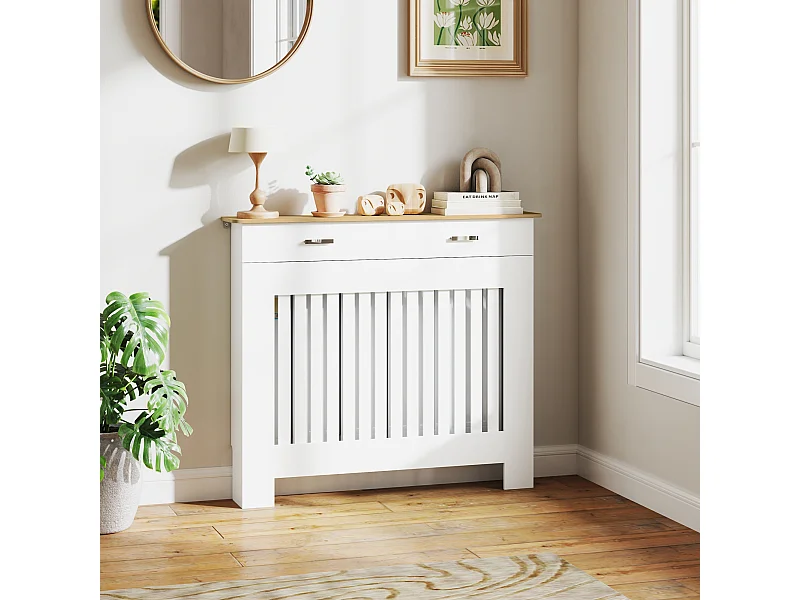 Copritermosifone a doghe antiribaltamento con cassetto in legno bianco