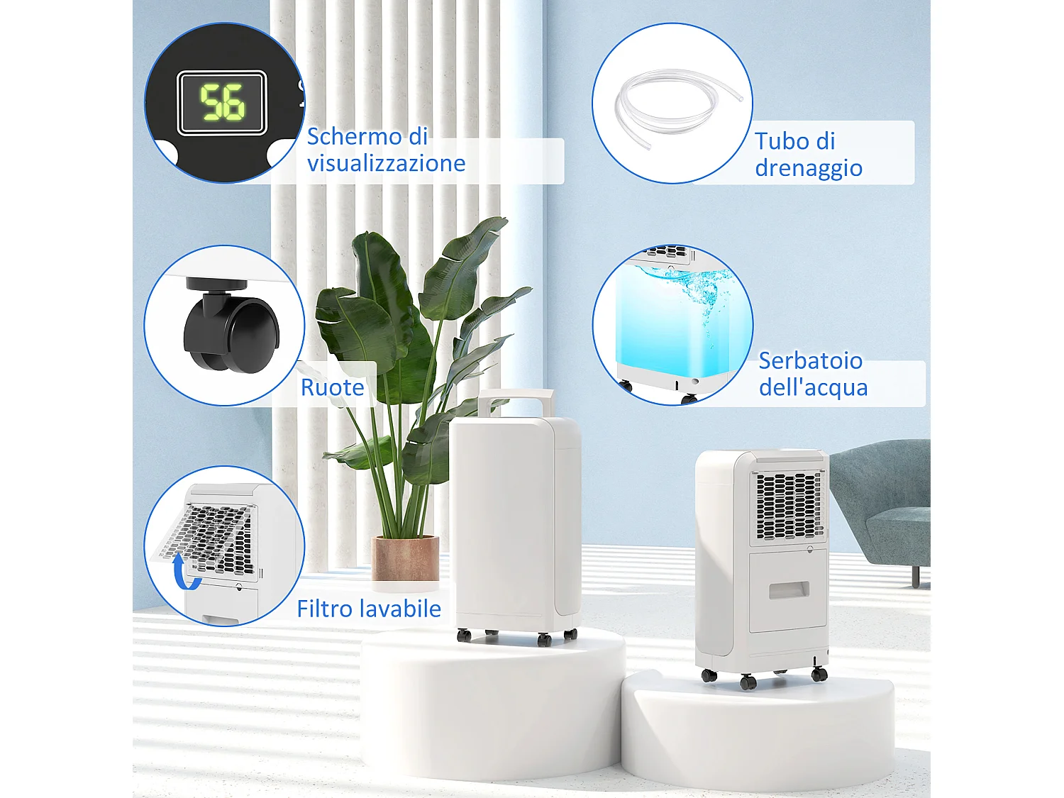 Deumidificatore portatile 12l con tubo di scarico timer in abs bianco