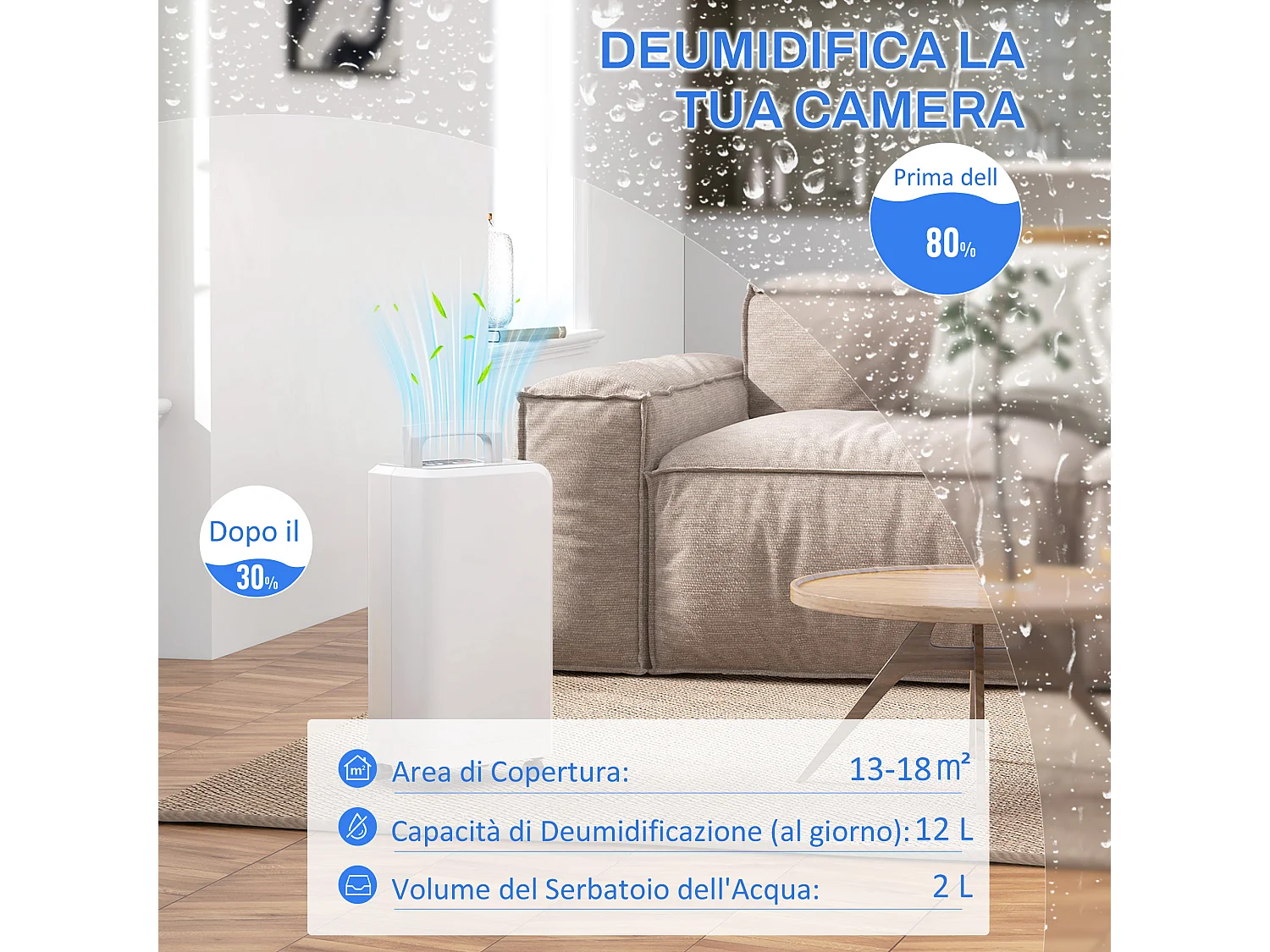 Deumidificatore portatile 12l con tubo di scarico timer in abs bianco