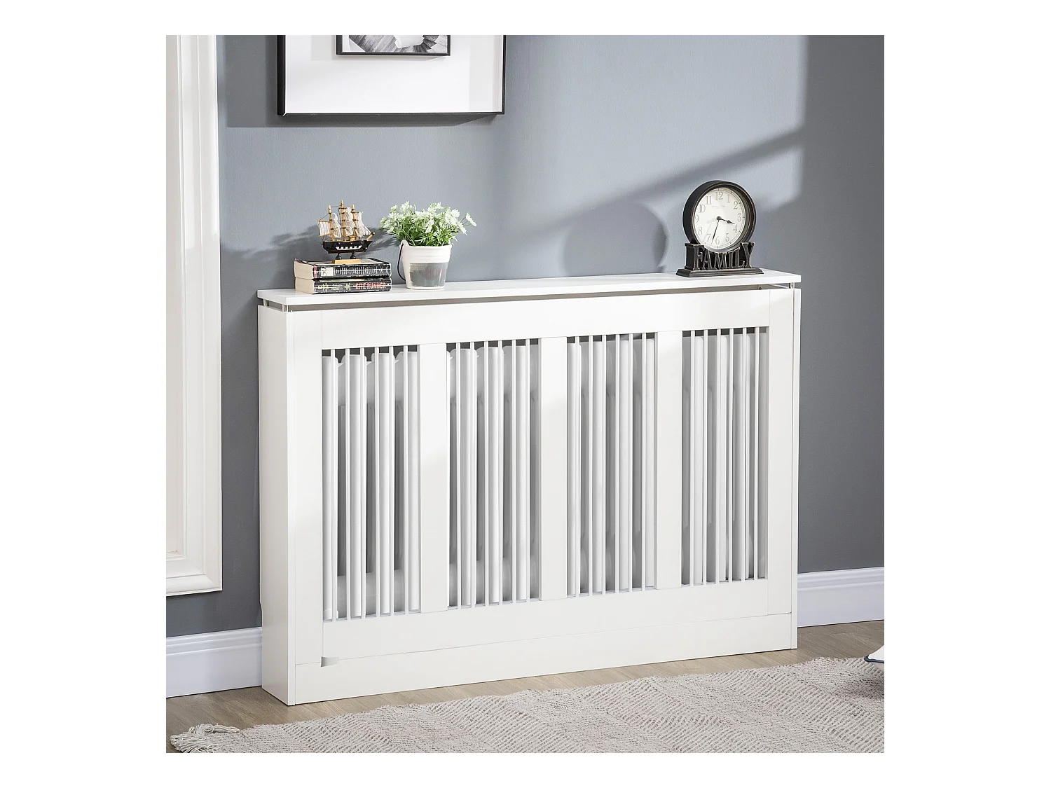Copritermosifone a doghe per la casa in mdf e acciaio bianco