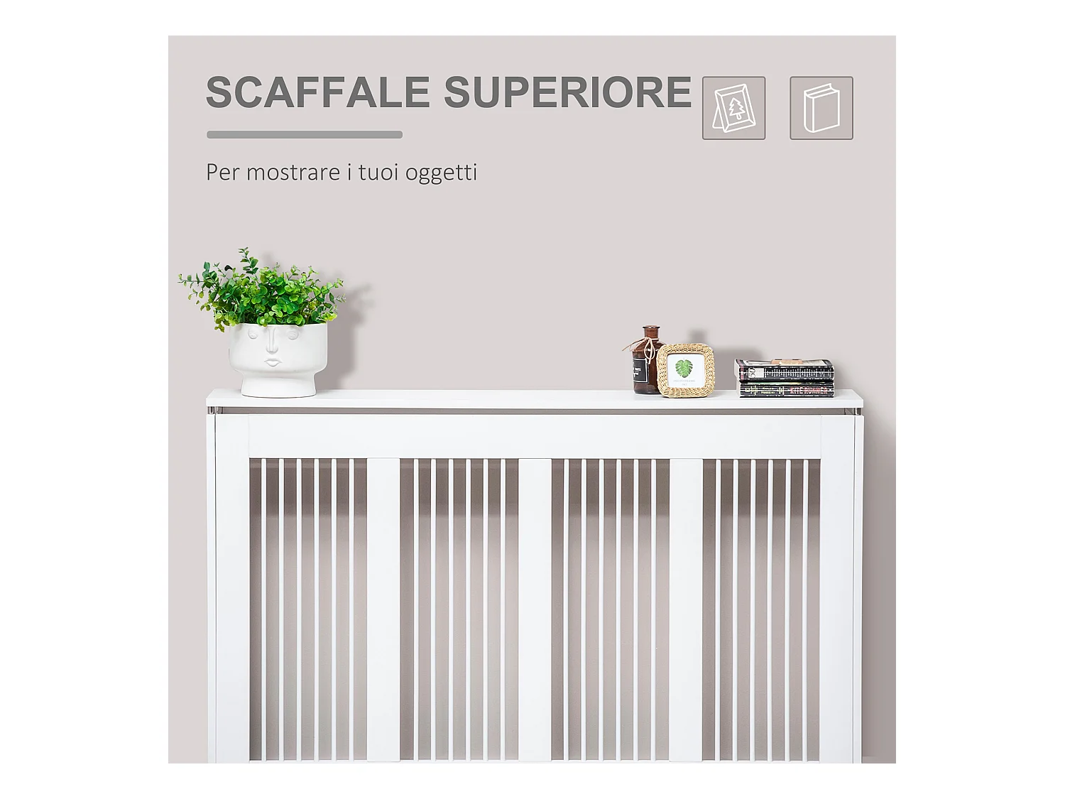 Copritermosifone a doghe per la casa in mdf e acciaio bianco