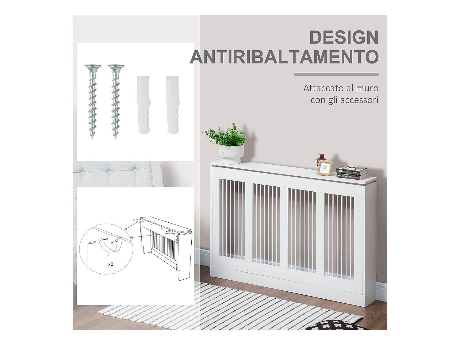 Copritermosifone a doghe per la casa in mdf e acciaio bianco