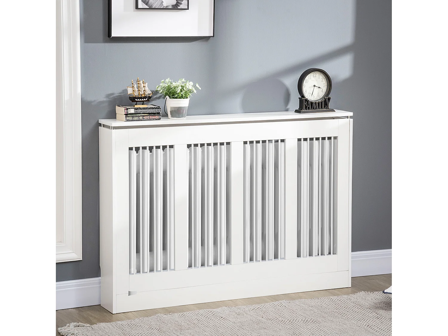 Copritermosifone a doghe per la casa in mdf e acciaio bianco