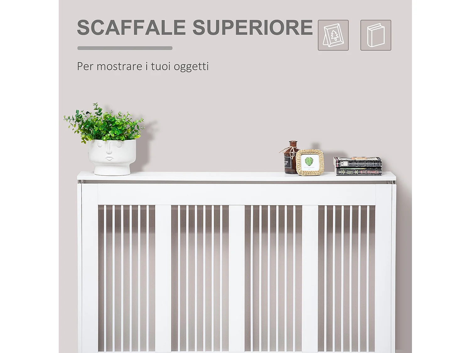 Copritermosifone a doghe per la casa in mdf e acciaio bianco