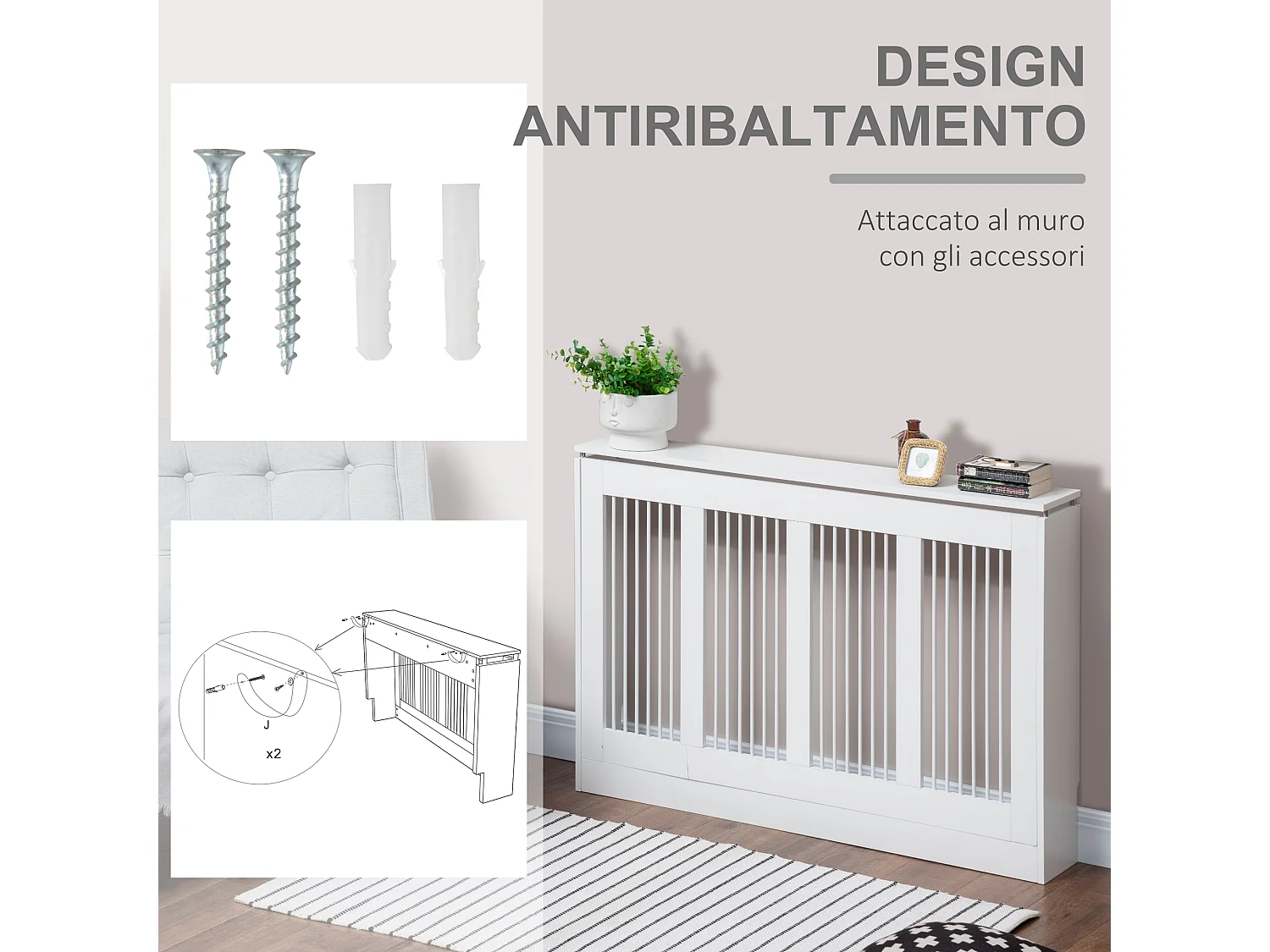 Copritermosifone a doghe per la casa in mdf e acciaio bianco