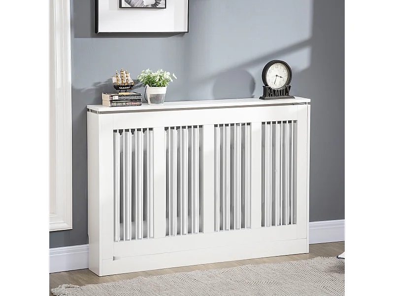 Copritermosifone a doghe per la casa in mdf e acciaio bianco