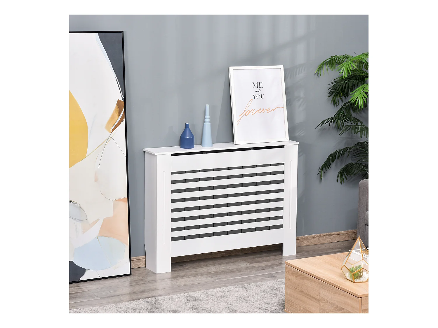 Copritermosifone in legno bianco con struttura a doghe 112x19x81 cm