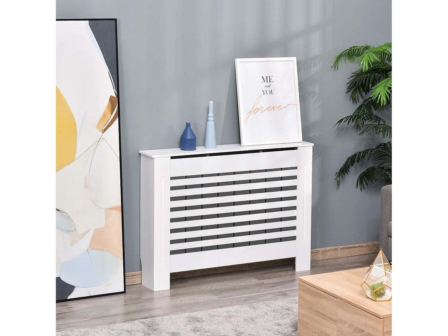 Copritermosifone in legno bianco con struttura a doghe 112x19x81 cm