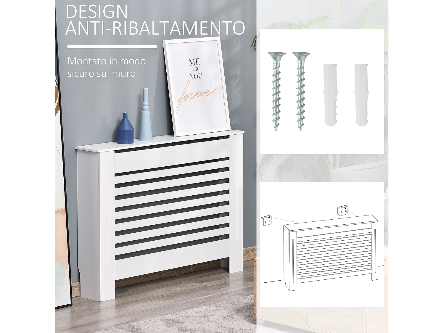 Copritermosifone in legno bianco con struttura a doghe 112x19x81 cm