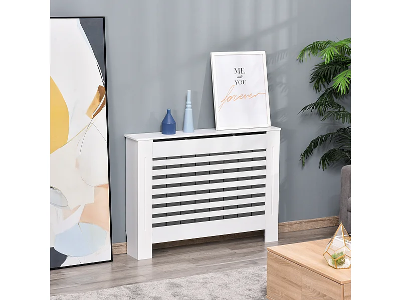 Copritermosifone in legno bianco con struttura a doghe 112x19x81 cm