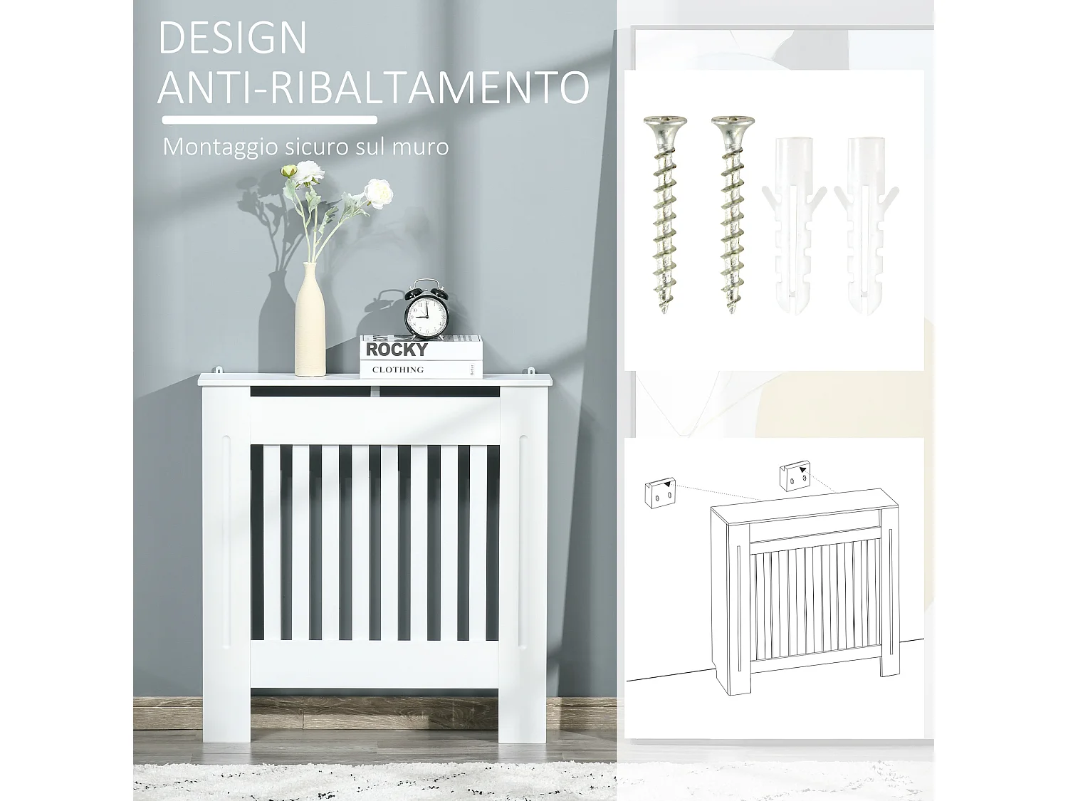 Copritermosifone in legno mdf bianco con doghe verticali bianco