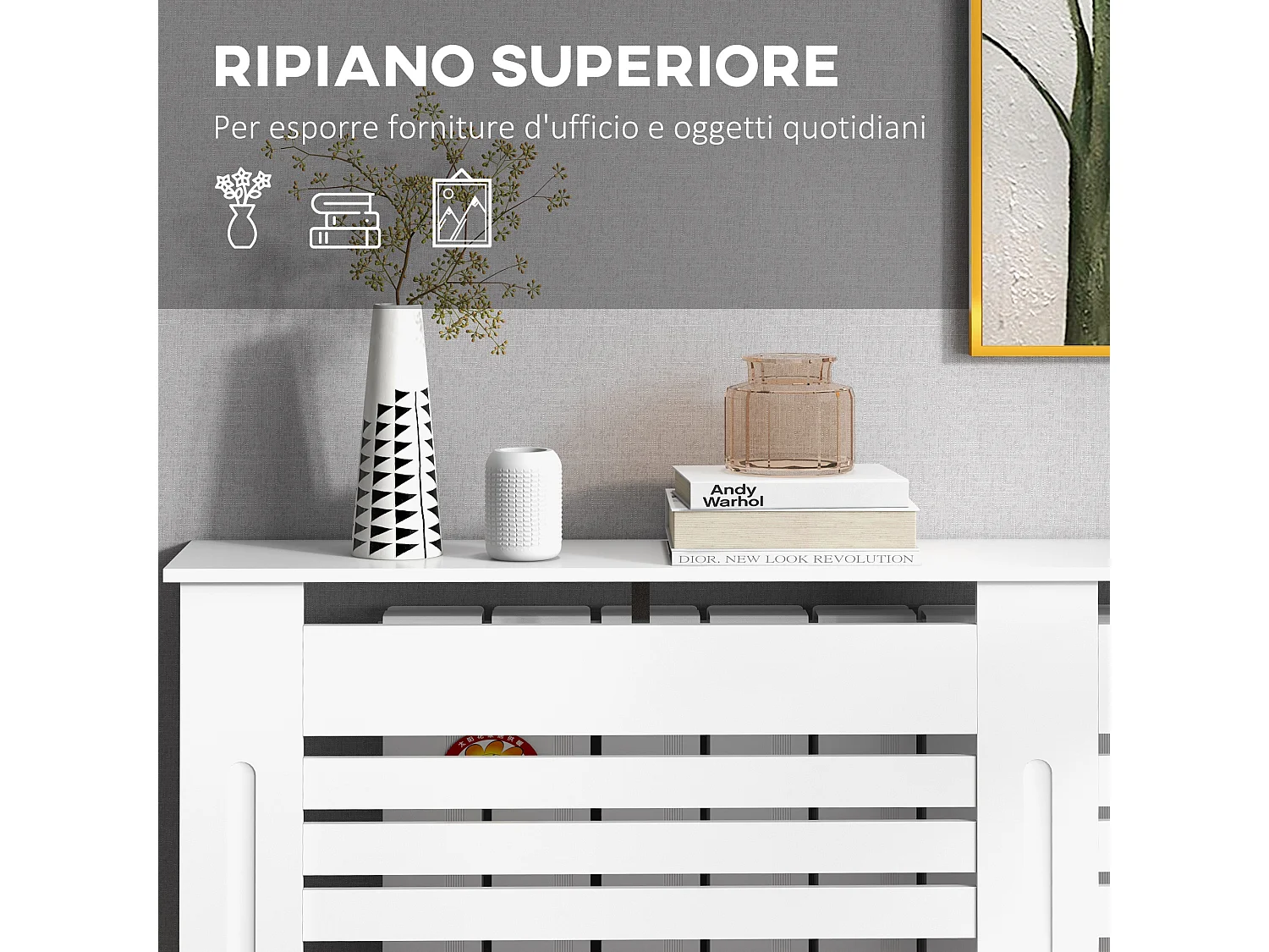 Copritermosifoni a doghe con ripiano in legno bianco 152x19x81 cm