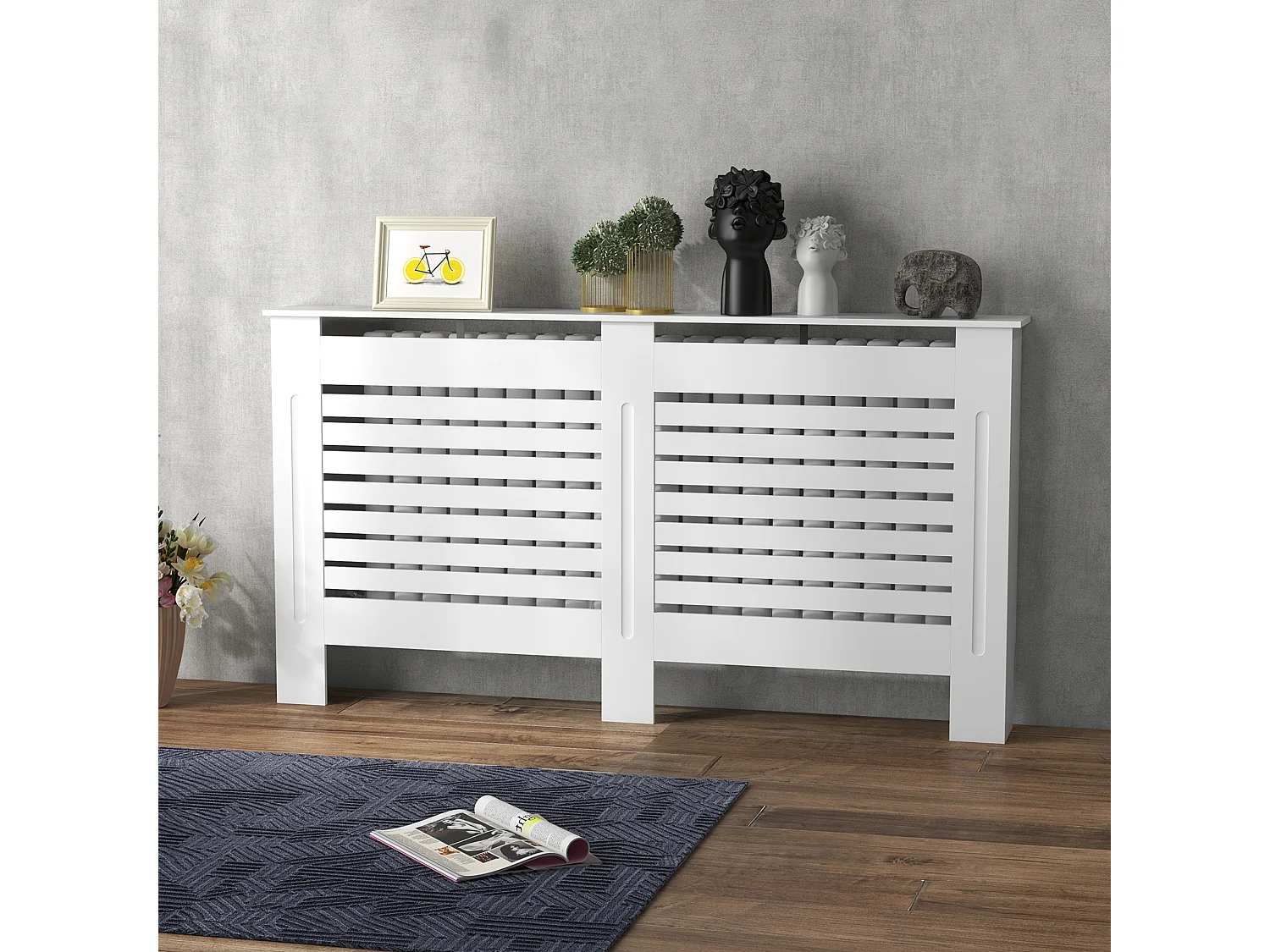 Copritermosifoni a doghe con ripiano in legno bianco 152x19x81 cm