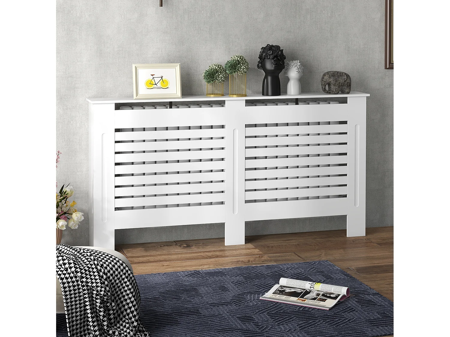Copritermosifoni a doghe con ripiano in legno bianco 152x19x81 cm