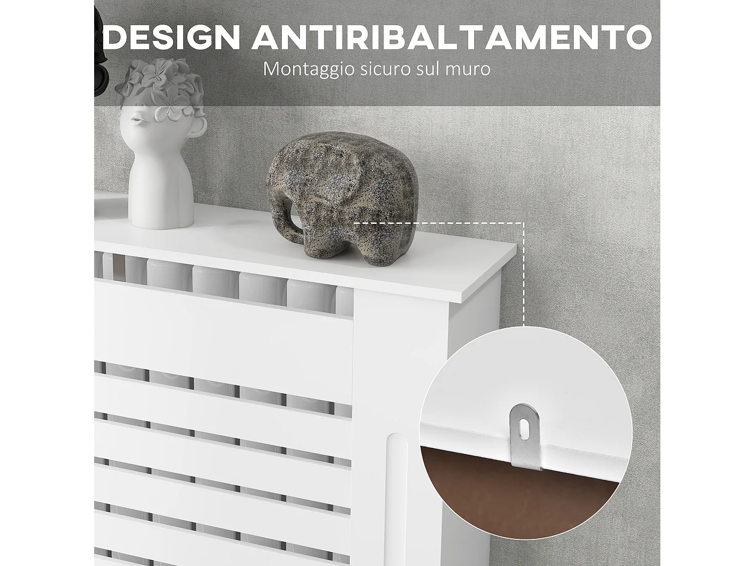 Copritermosifoni a doghe con ripiano in legno bianco 152x19x81 cm