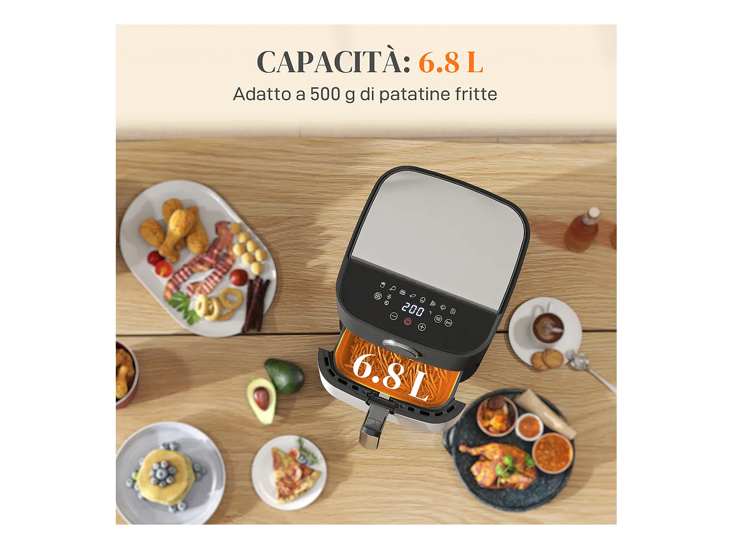 Friggitrice ad aria 8 litri con 8 programmi e display led nero