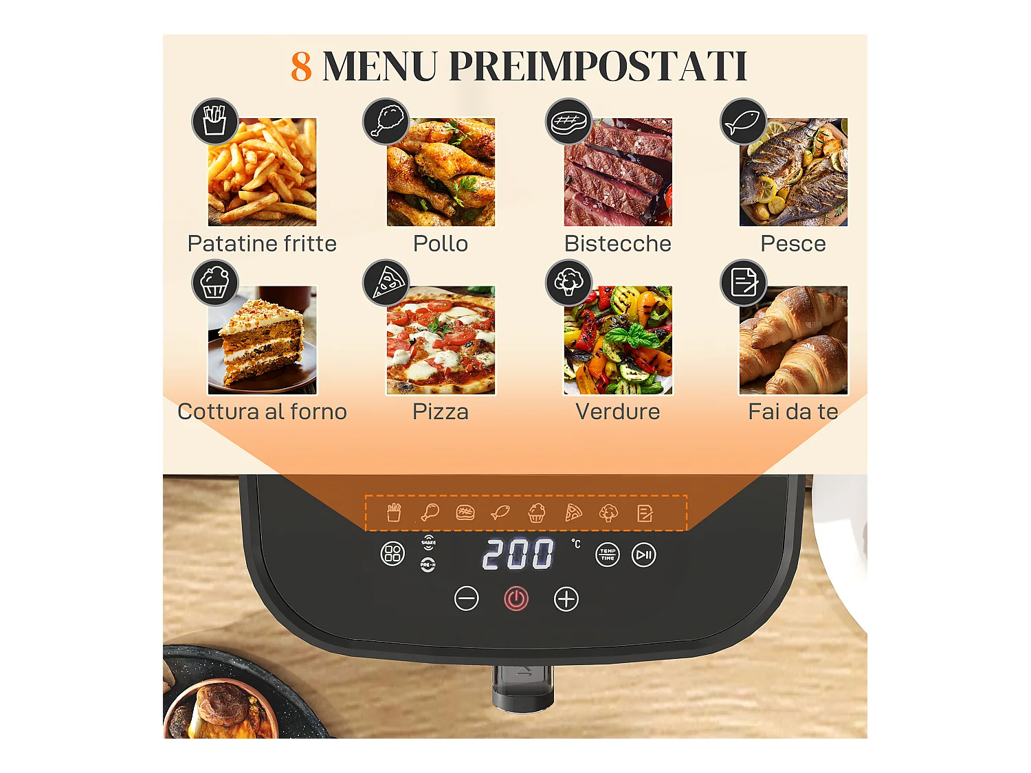 Friggitrice ad aria 8 litri con 8 programmi e display led nero