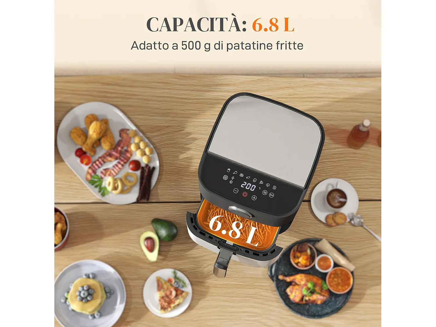 Friggitrice ad aria 8 litri con 8 programmi e display led nero