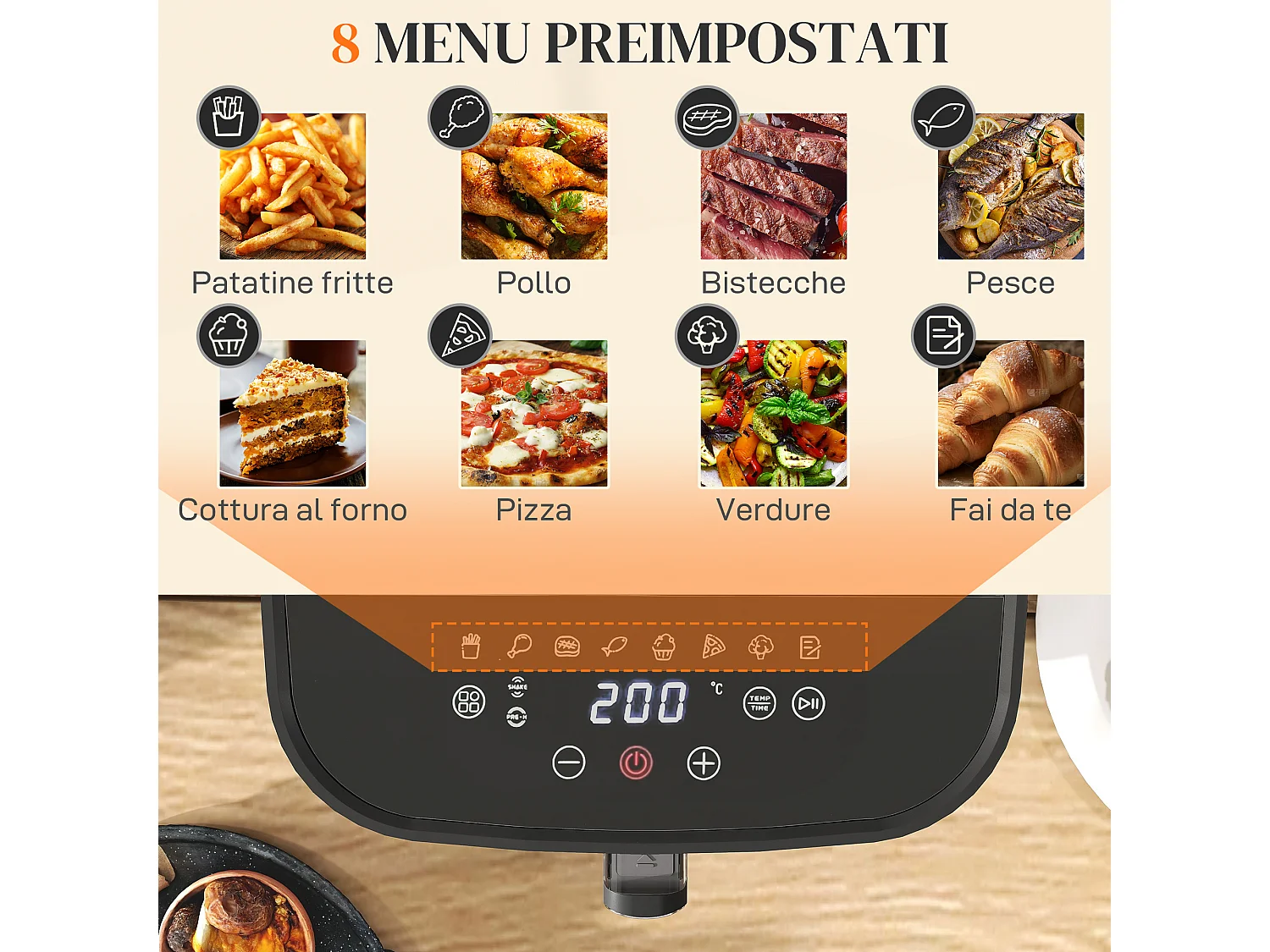 Friggitrice ad aria 8 litri con 8 programmi e display led nero