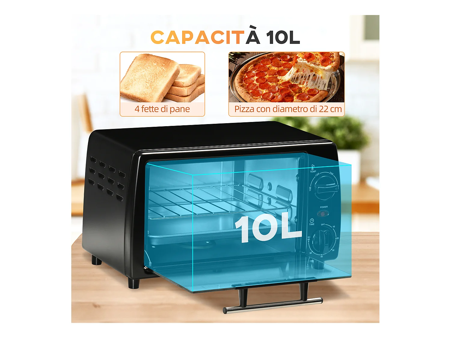 Fornetto elettrico 10l temperatura 100-230°c timer 60 min. Nero