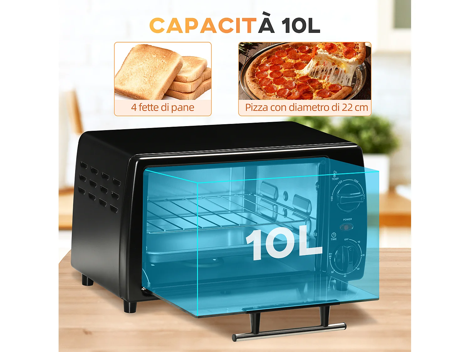 Fornetto elettrico 10l temperatura 100-230°c timer 60 min. Nero