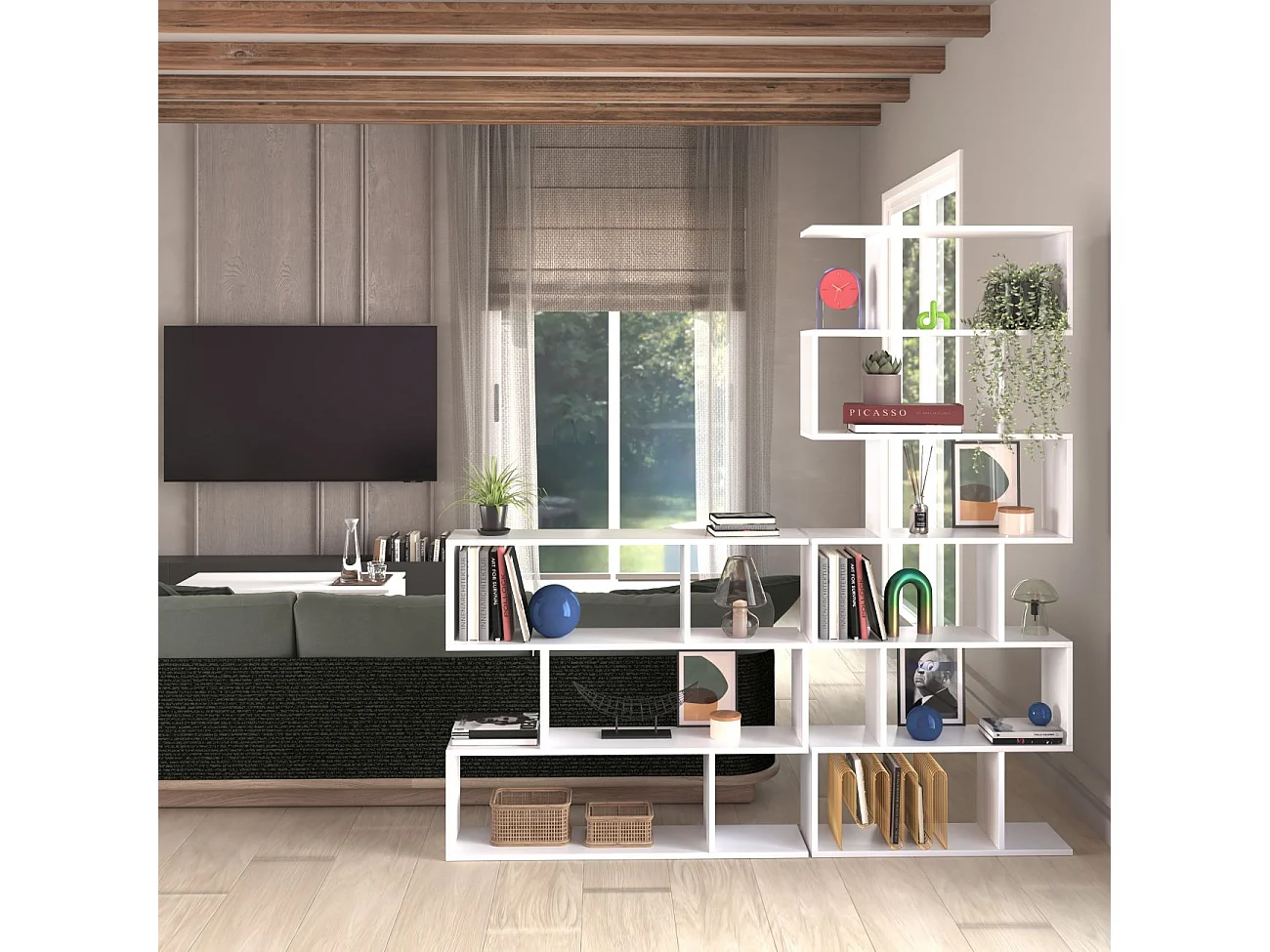 Estantería de diseño escalonado vertical en blanco brillo 192 cm Zoe High Blanco Brillo
