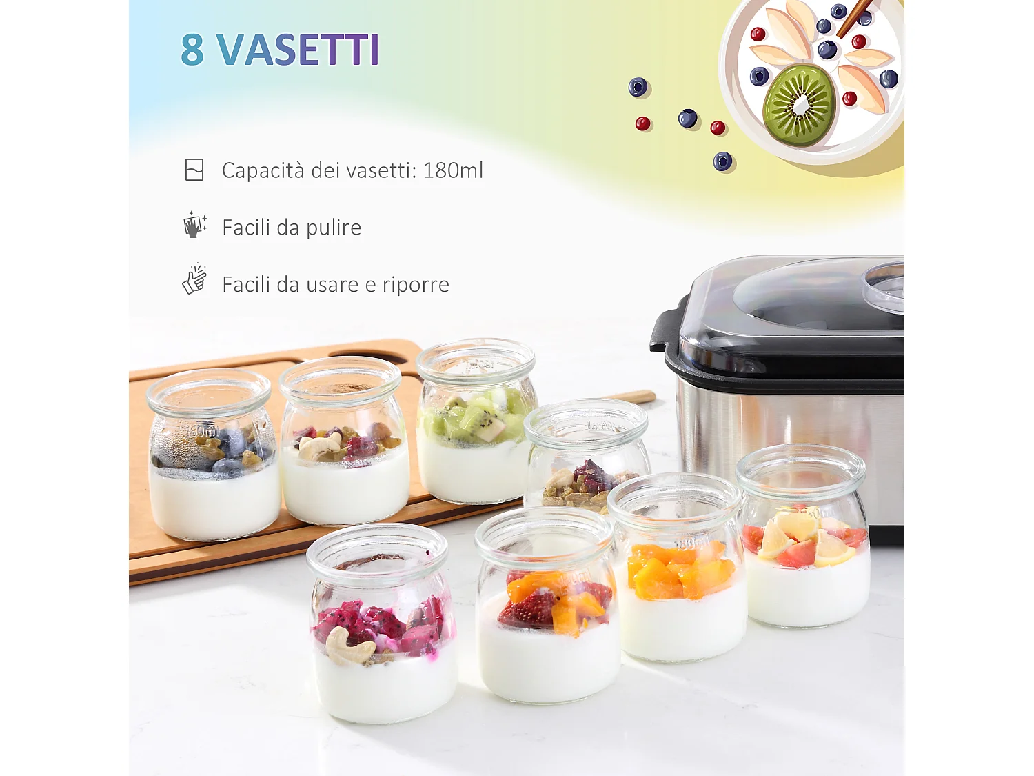 Yogurtiera 25w con 8 casetti temperatura 20-50°C timer 1-48 ore