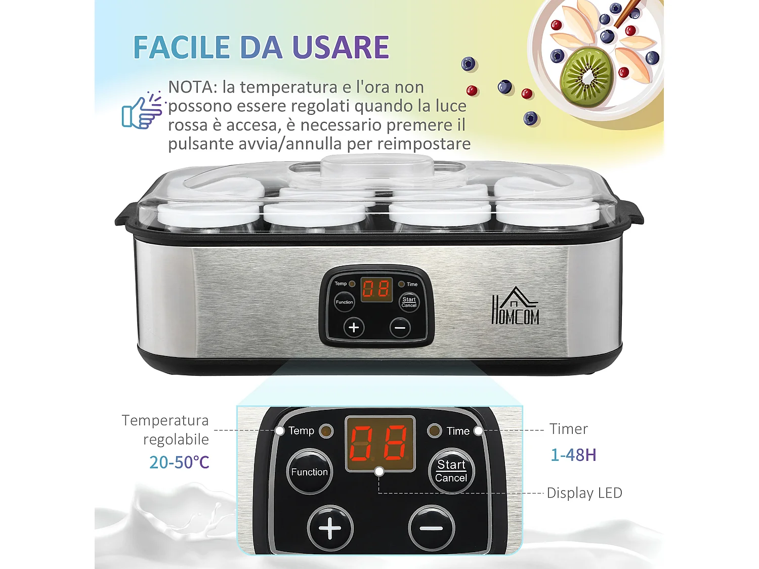 Yogurtiera 25w con 8 casetti temperatura 20-50°C timer 1-48 ore