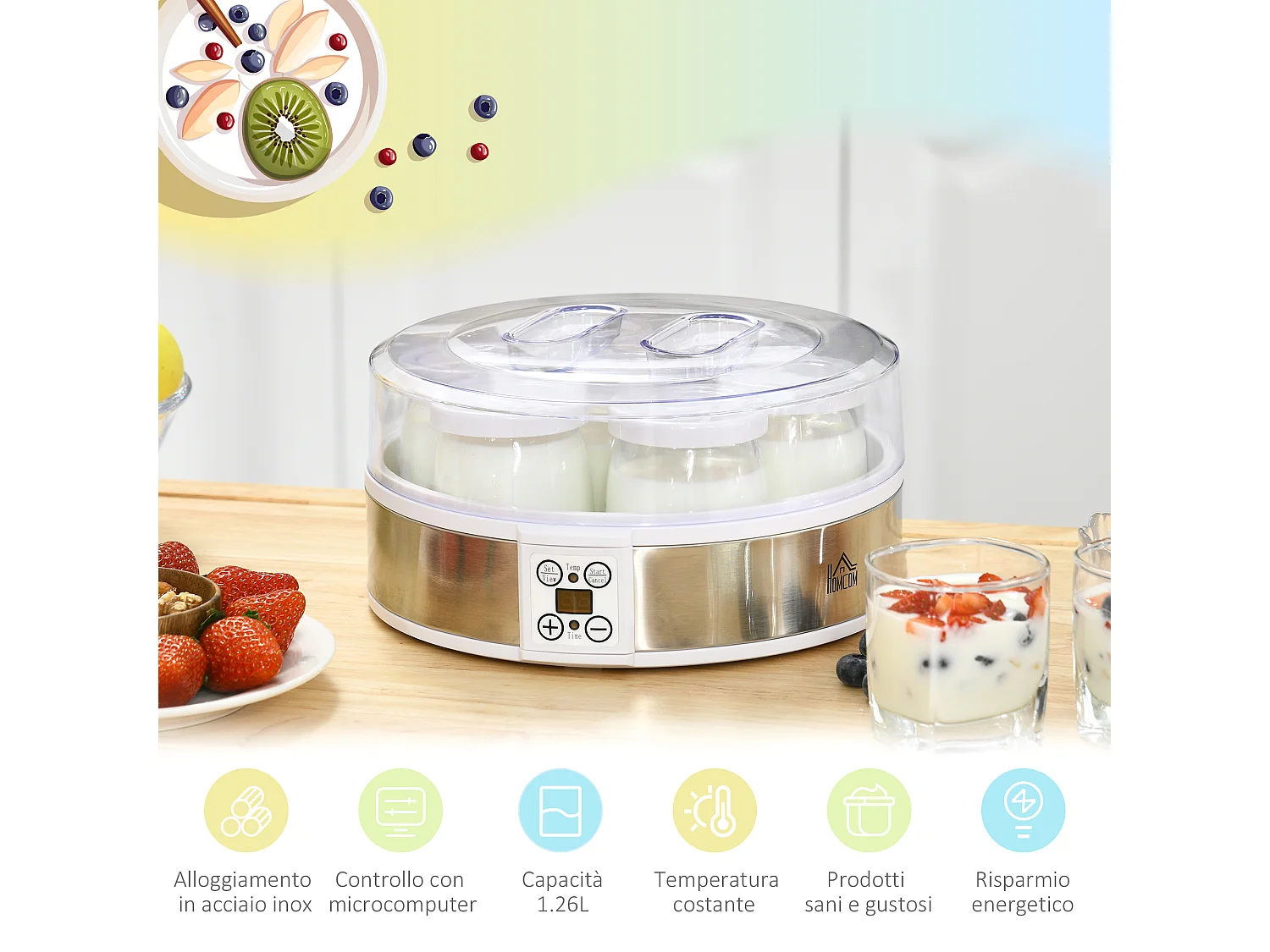 Yogurtiera 20w bianca da 1.5l con 7 vasetti e display