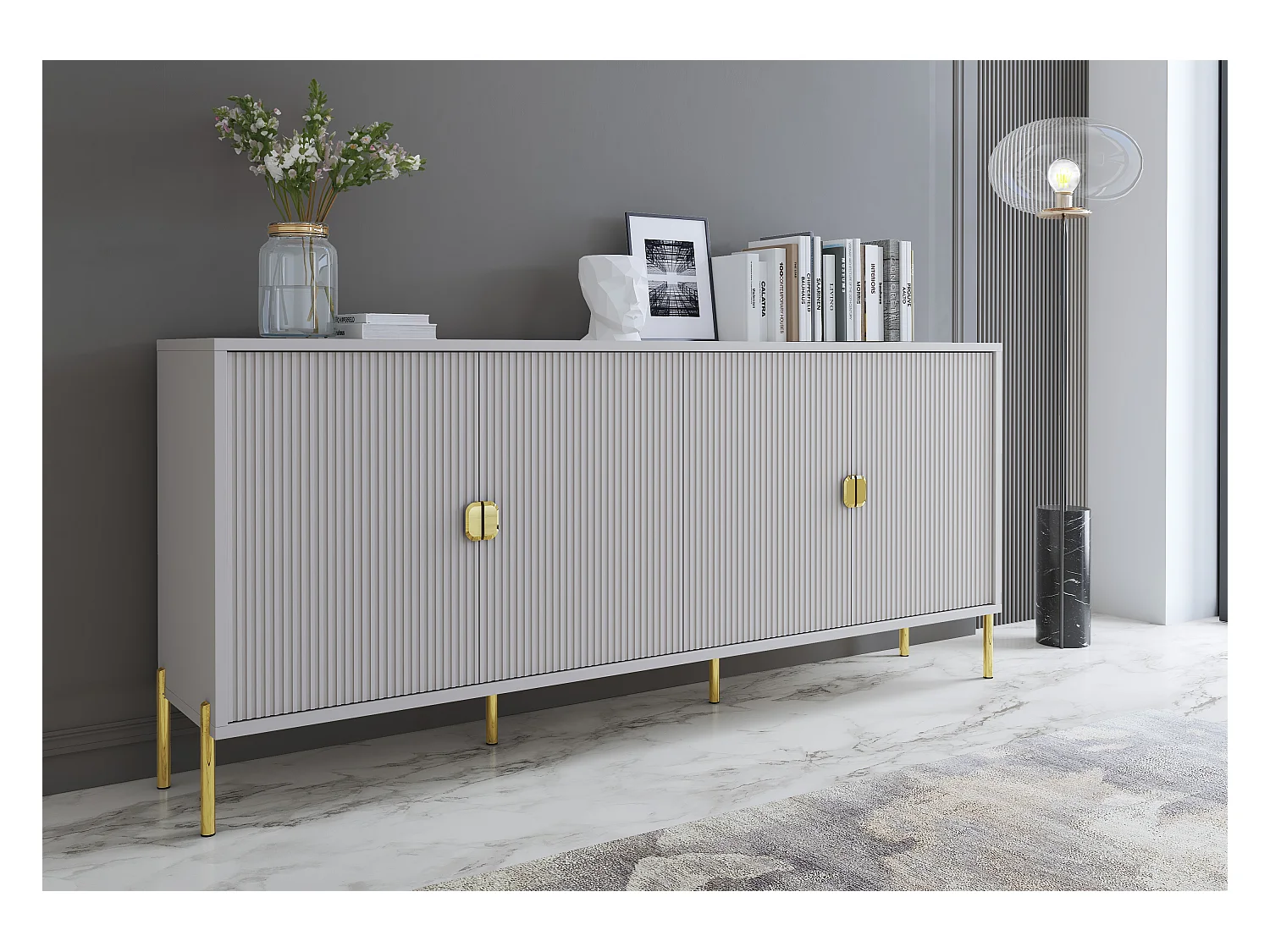 Madia Moderna Credenza In Melaminico Opaco Con 4 Ante E Piedini Alti Mobile Contenitore Design Soggiorno Salotto Sala Pranzo 203 x 49 x 87 Cm Grigio