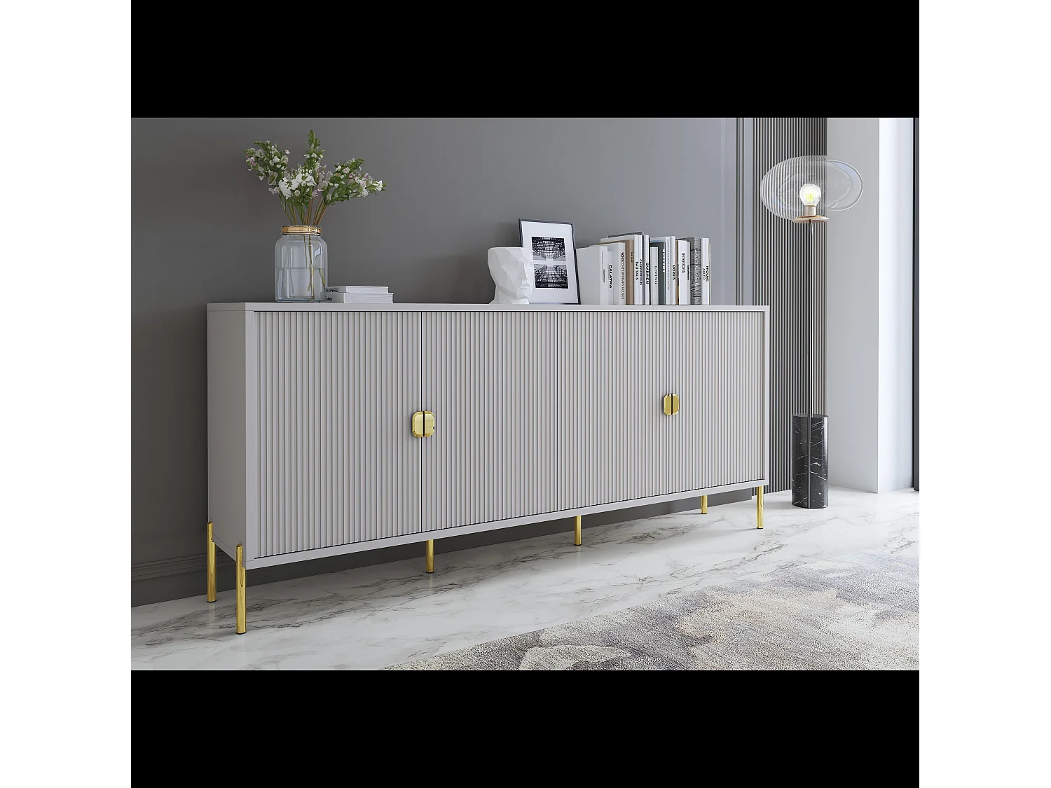 Madia Moderna Credenza In Melaminico Opaco Con 4 Ante E Piedini Alti Mobile Contenitore Design Soggiorno Salotto Sala Pranzo Ingresso 203 x 49 x 87 Cm Grigio